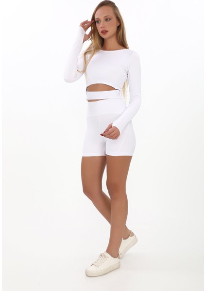 Bisiklet Yaka Esnek Şık Slimfit Kol Detaylı Bluz ve Toparlaycı Kombin Kısa Tayt Takım modelleri