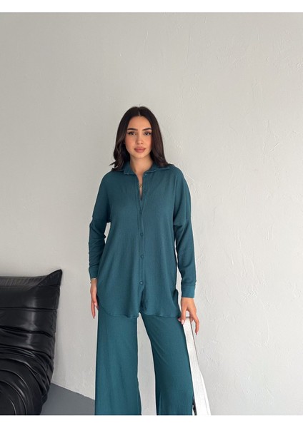 Gofre Uzun Kol Gömlekli Bürümcük Gömlekli Geniş Paçalı Ikili Takım