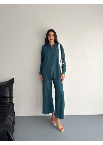 Gofre Uzun Kol Gömlekli Bürümcük Gömlekli Geniş Paçalı Ikili Takım modelleri