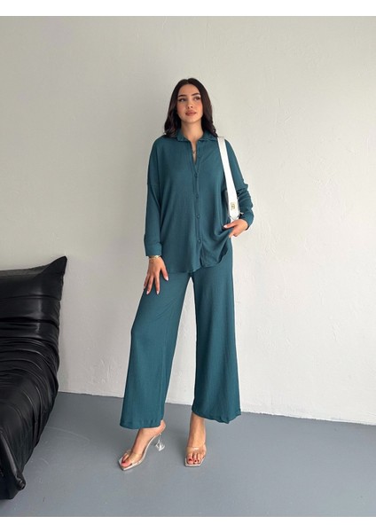Gofre Uzun Kol Gömlekli Bürümcük Gömlekli Geniş Paçalı Ikili Takım indirimleri
