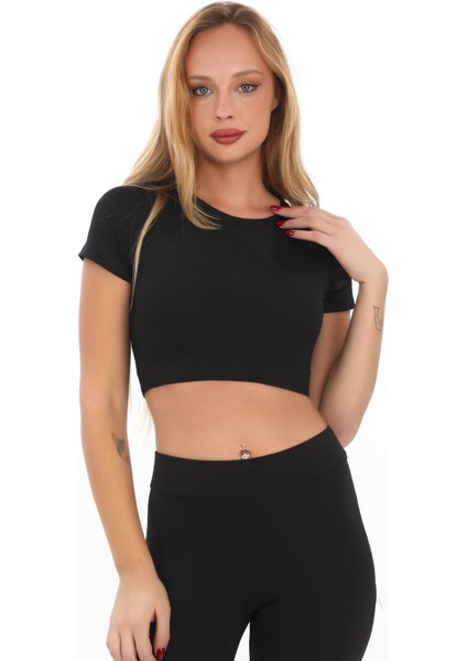 Slimfit Bisiklet Yaka Crop Body ve Tülü Tayt Combin Takım indirimleri