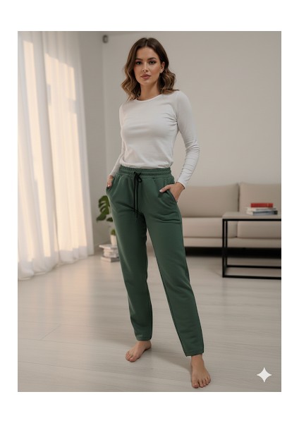 Unisex 3 Iplik Şardonsuz Düz Yüksel Bel Düz Paça Cepli Eşofman Altı