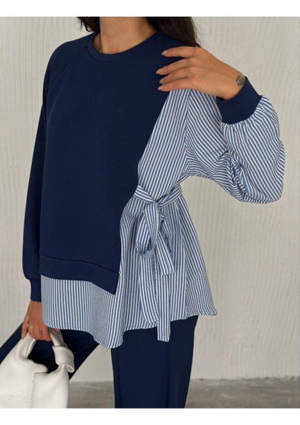 Poplin Bağlamalı Çizgi Detaylı Oversize Modal Kumaş Takım