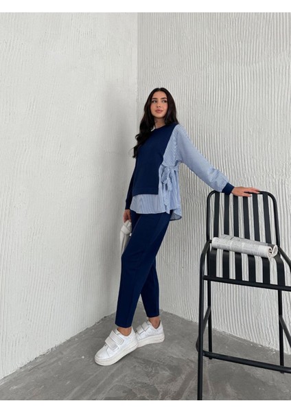 Poplin Bağlamalı Çizgi Detaylı Oversize Modal Kumaş Takım indirimleri