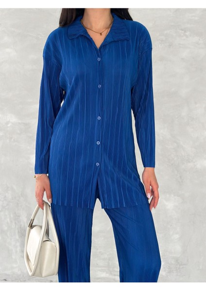 Piliseli Kumaş Beli Lastikli Rahat Kalıp Geniş Paça Pantolun Gömlekli Takım