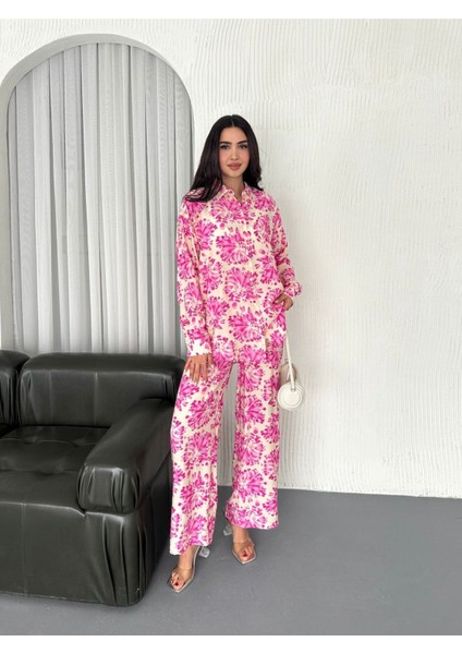 Beli Lastikli Desenli Modal Kumaş Geniş Paça Gömlekli Takım fırsatları