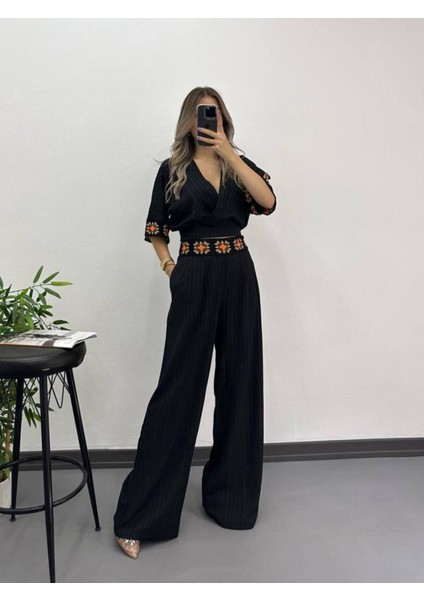 Süzene Nakışlı Kruvaze Yaka Kuşaklı Crop Keten Kumaş Takım fiyatları