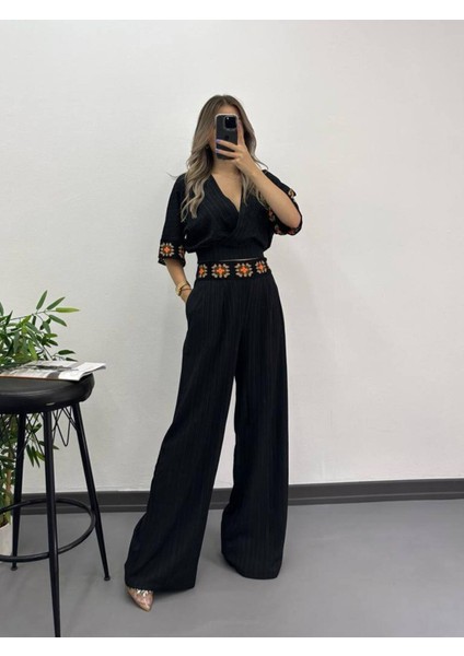 Süzene Nakışlı Kruvaze Yaka Kuşaklı Crop Keten Kumaş Takım modelleri