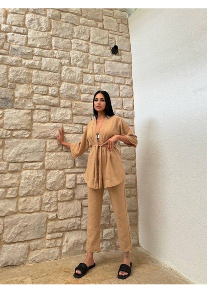 Kimono Bambu Keten Gömlekli Pantolunlu Takım modelleri