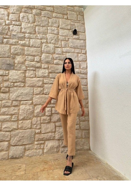 Kimono Bambu Keten Gömlekli Pantolunlu Takım fırsatları