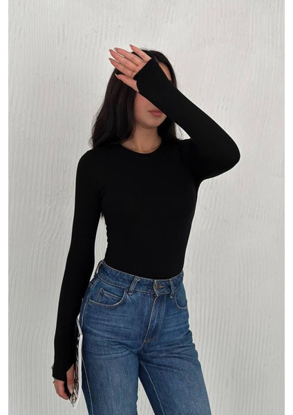 Kadın Parmak Geçmeli Uzun Kollu Bluz – Vücuda Oturan & Astarsız