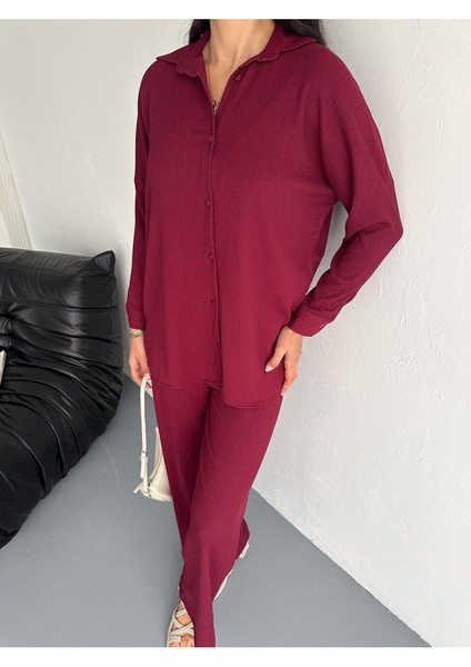 Gofre Uzun Kol Gömlekli Bürümcük Gömlekli Geniş Paçalı Ikili Takım