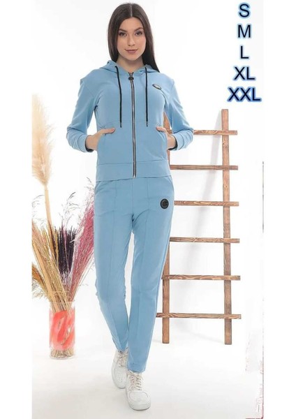 Iki Iplik Kadın Eşofman Takımı Kapüşonlu Fermuarlı Armalı ve Çımalı Boru Paça Pantolonlu