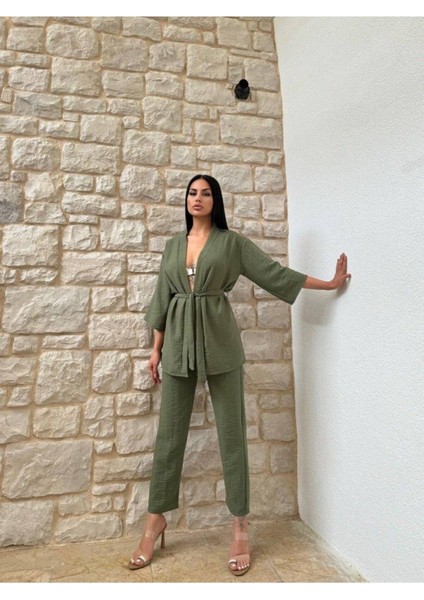 Kimono Bambu Keten Gömlekli Pantolunlu Takım indirimleri