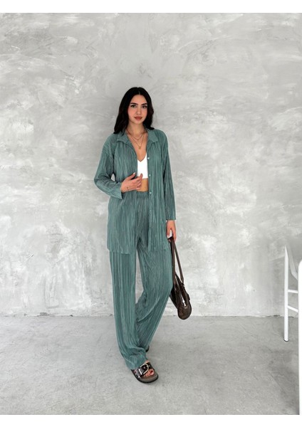 Piliseli Kumaş Beli Lastikli Rahat Kalıp Geniş Paça Pantolun Gömlekli Takım fiyatları