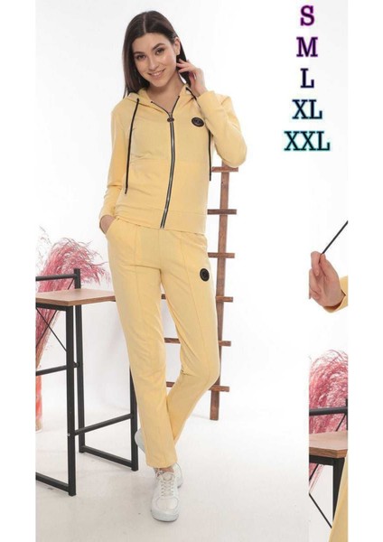 Iki Iplik Kadın Eşofman Takımı Kapüşonlu Fermuarlı Armalı ve Çımalı Boru Paça Pantolonlu