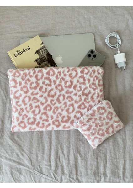 leopar Pembe Peluş-Welsoft 13-14-15-16 Inç Bilgisayar Çantası, Laptop Kılıfı, Notebook Kılıfı, Laptop çantası