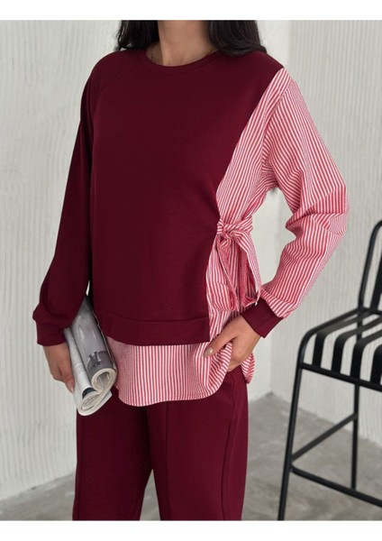 Poplin Bağlamalı Çizgi Detaylı Oversize Modal Kumaş Takım