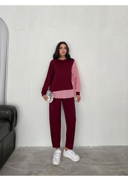 Poplin Bağlamalı Çizgi Detaylı Oversize Modal Kumaş Takım indirimleri