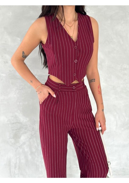 Çizgili Krep Yelekli Takım