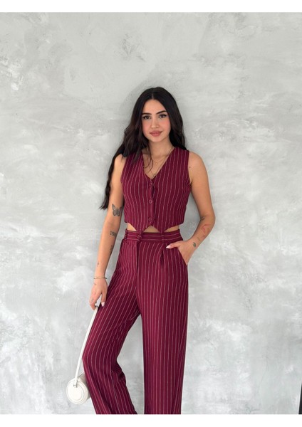 Çizgili Krep Yelekli Takım fiyatları