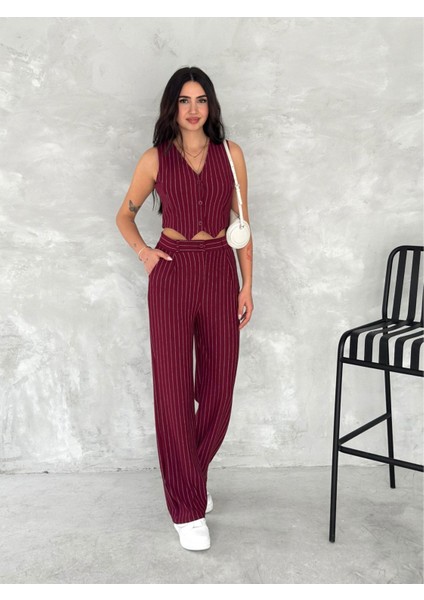Çizgili Krep Yelekli Takım fırsatları