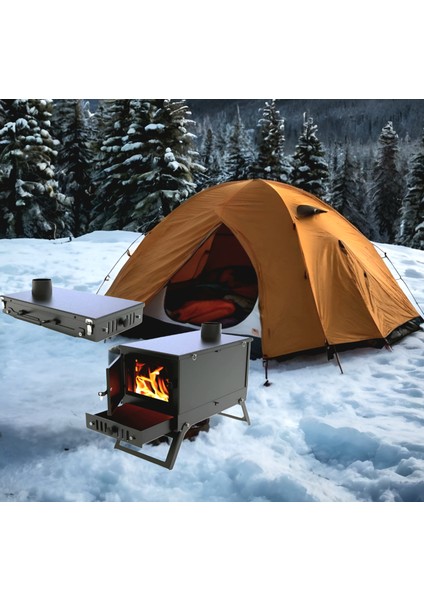 Portatif Camlı Kamp,çadır Sobası. Katlanır Çantalı 2mm Çelik Soba