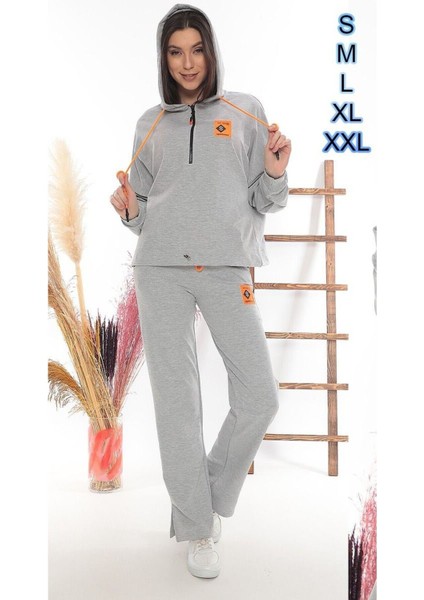 Iki Iplik Kadın Eşofman Takımı Yarım Fermuarlı Kapüşonlu Yırtmaçlı Geniş Paça