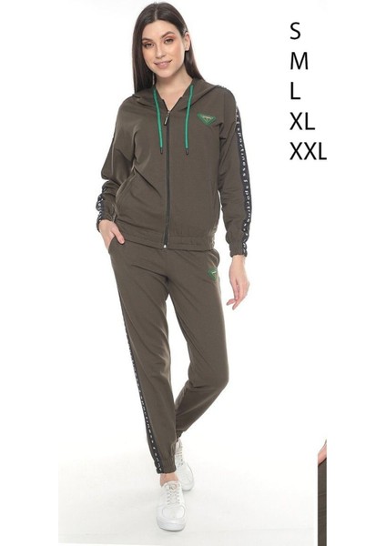 Fermuarlı Kapüşonlu Armalı Şeritli Iki Iplik Kadın Eşofman Takımı