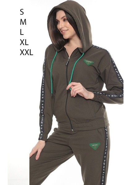 Fermuarlı Kapüşonlu Armalı Şeritli Iki Iplik Kadın Eşofman Takımı fiyatları