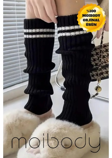 Original Premium Tozluk %100 Akrilik Triko Örgü Leg Warmer Ayak Isıtıcı Çizgili Siyah