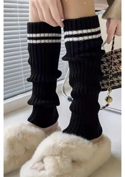 Original Premium Tozluk %100 Akrilik Triko Örgü Leg Warmer Ayak Isıtıcı Çizgili Siyah fiyatları