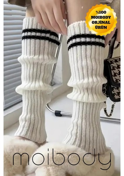 Original Premium Tozluk %100 Akrilik Triko Örgü Leg Warmer Ayak Isıtıcı Beyaz Çizgili