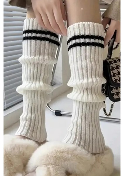 Original Premium Tozluk %100 Akrilik Triko Örgü Leg Warmer Ayak Isıtıcı Beyaz Çizgili fiyatları