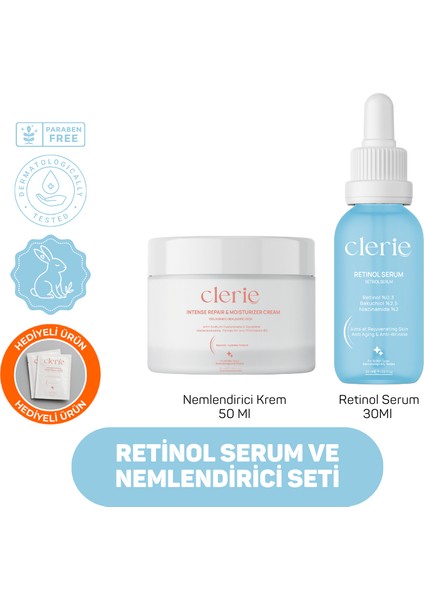 Antioksidan İçeren Yoğun Nemlendirici Cica Krem ve Anti- Aging & Yaşlanma Önleyici Bakuchiol Retinol Serum - Clerie Gece Cilt Bakım Seti