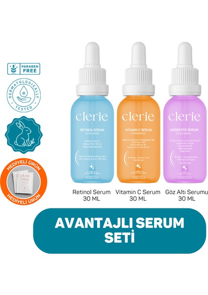 3’lü Serum Seti (Avantajlı Paket) - Yaşlanma, Leke ve Morluk Karşıtı Retinol, C Vitamini ve Kafeinli Göz Altı Serumu