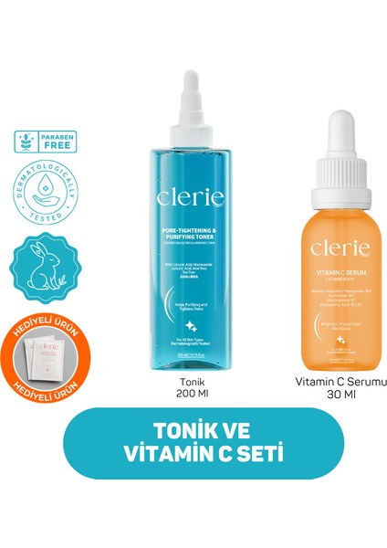 Leke Karşıtı C Vitamini Serum ( %6 Sodium Ascorbyl Phosphate İle Güçlendirilmiş) ve Çay Ağacı İçeren Yağ Dengeleyici AHA+BHA Tonik - Clerie İkili Set