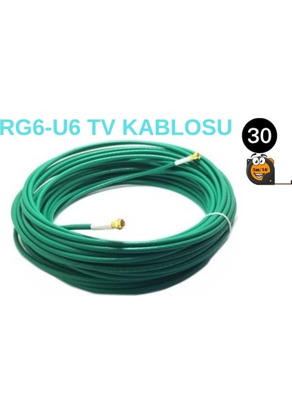 30 Metre Rg6-U6 Tv Anten Kablosu Yeşil (Başlıklar Takılı)