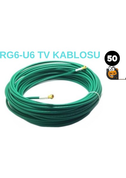 50 Metre Rg6-U6 Tv Anten Kablosu Yeşil (Başlıklar Takılı)