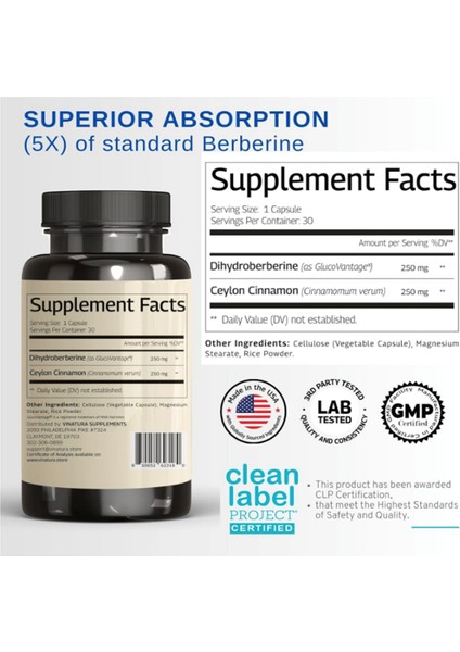 Vınatura Dihydroberberine Ceylon Cinnamon, 500MG - (Patented Glucovantage Super Berberine), Maybe Berberine 5x More Absorbable - 30 Capsules fiyatları