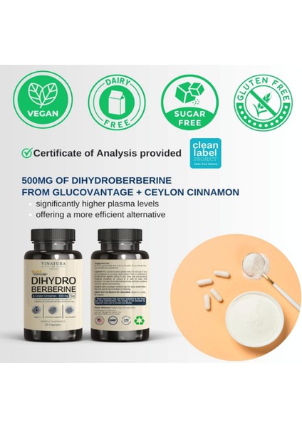 Vınatura Dihydroberberine Ceylon Cinnamon, 500MG - (Patented Glucovantage Super Berberine), Maybe Berberine 5x More Absorbable - 30 Capsules modelleri