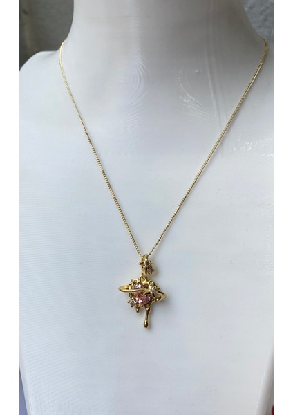 Kararmaz Çelik Gold Gezegen Temalı Pembe Kalp Kolye