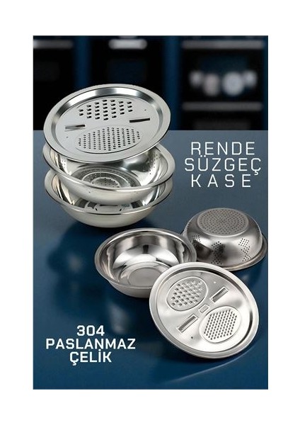 Çelik Rende Kase Süzgeç Seti - Multifix 3 In 1 Paslanmaz Çelik