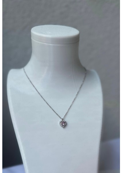 Kararmaz Çelik Gümüş Pembe Kalp Pandara Kolye