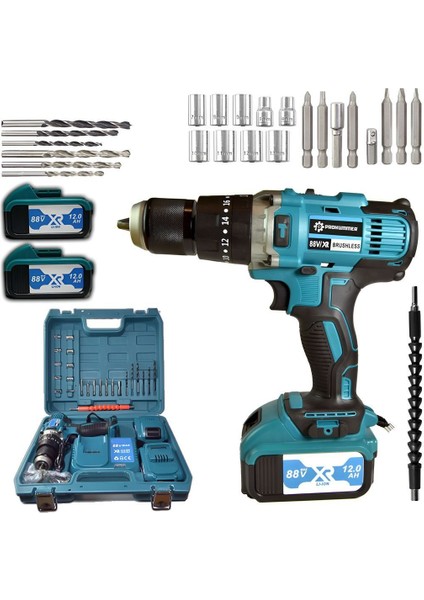PH022 88VF Darbeli Çift Akülü Vidalama Matkap Seti (Mavi)