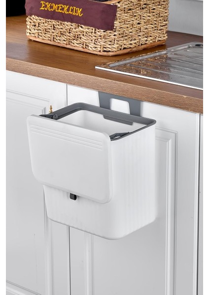 15 Litre Fonksiyonel Kapaklı Banyo ve Mutfak Tezgahüstü Çöp Kovası Dolap ve Duvar Aparatlı 15 Lt.,yerden Tasarruflu Lavabo Altı Veya Dolap Kapısı Için Kapasiteli Mutfak Çöp Kovası,askılı (Beyaz)