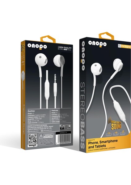 Stereo Kablolu Kulaklık Extra Bass | 3.5mm Kulakiçi Kulaklık, Dahili Mikrofon | 1.2m Kablo | Model V1