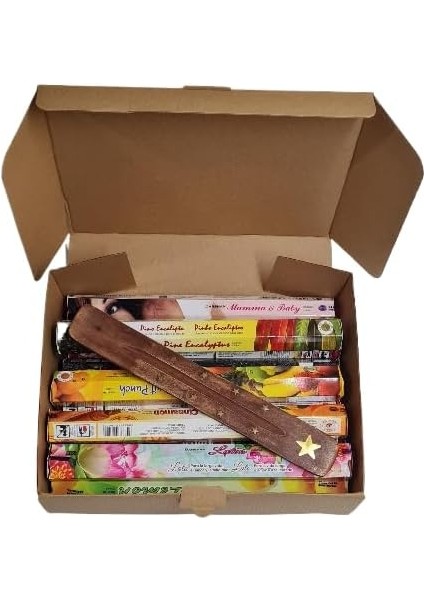 Yüksek Kaliteli Meditasyon Tütsü Seti, Mindfullness Box 200 Adet - 10 Kutu Karışık Farklı Aromalı Koku + Tik Ağacı Tütsülük
