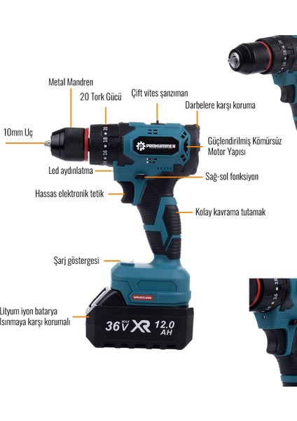 PH297 Kömürsüz Motor 36VF 5AH Metal Mandren Vidalama Matkap Seti 10P modelleri