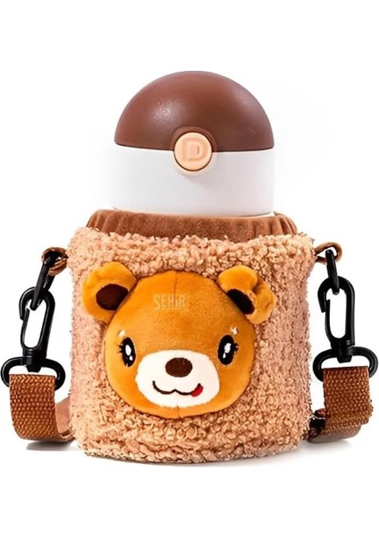 300ML Sevimli Hayvanlar Peluş Kılıflı Boyun Askılı Çelik Termos Çocuk Matarası (Ayıcık)